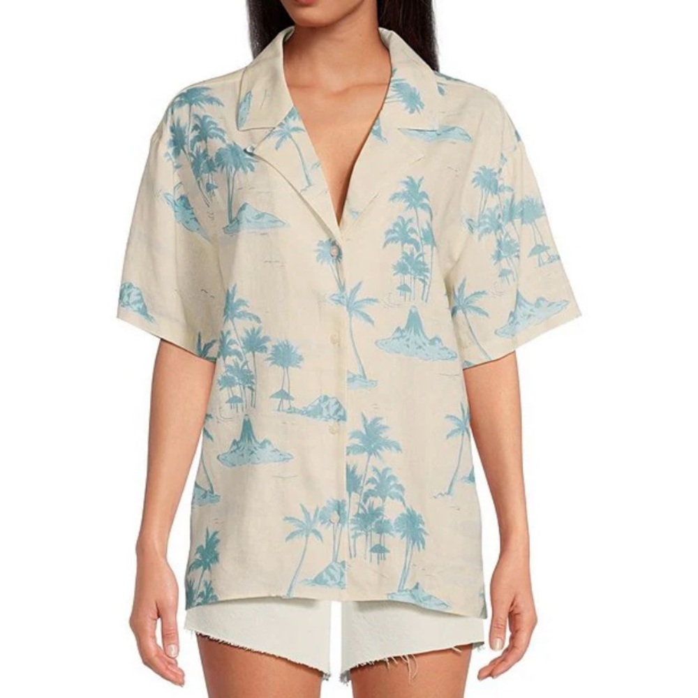 NWT Gianni Bini x DANNIJO Margaux Palm Tree Print Button Front Linen Blend Shirt